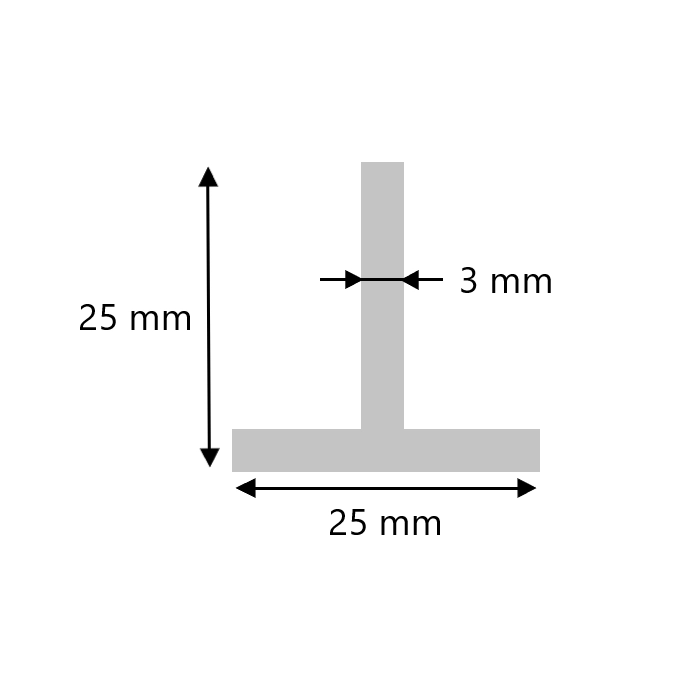 Aluminium T profiel 25x25x3