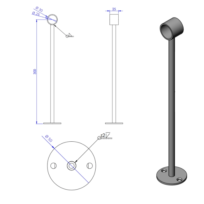 Afstandsteun zwart Ø25mm (open) L=300mm