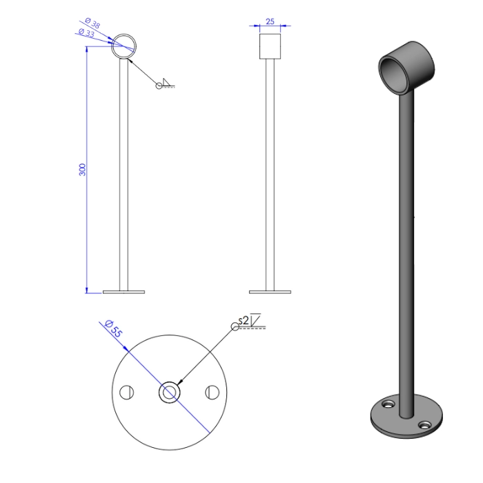 Afstandsteun goud Ø32mm (open) L=300mm