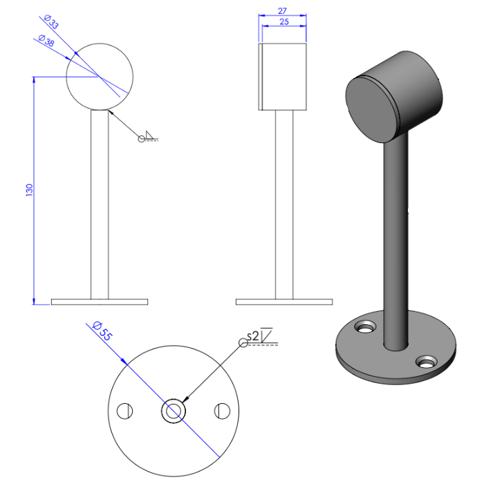 Afstandsteun RVS Ø32mm (dicht) L=130mm