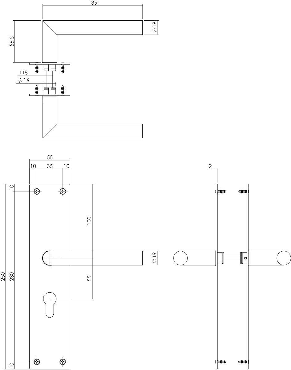 Intersteel Deurkruk Jura met schild 250x55x2mm profielcilindergat 55mm rvs geborsteld
