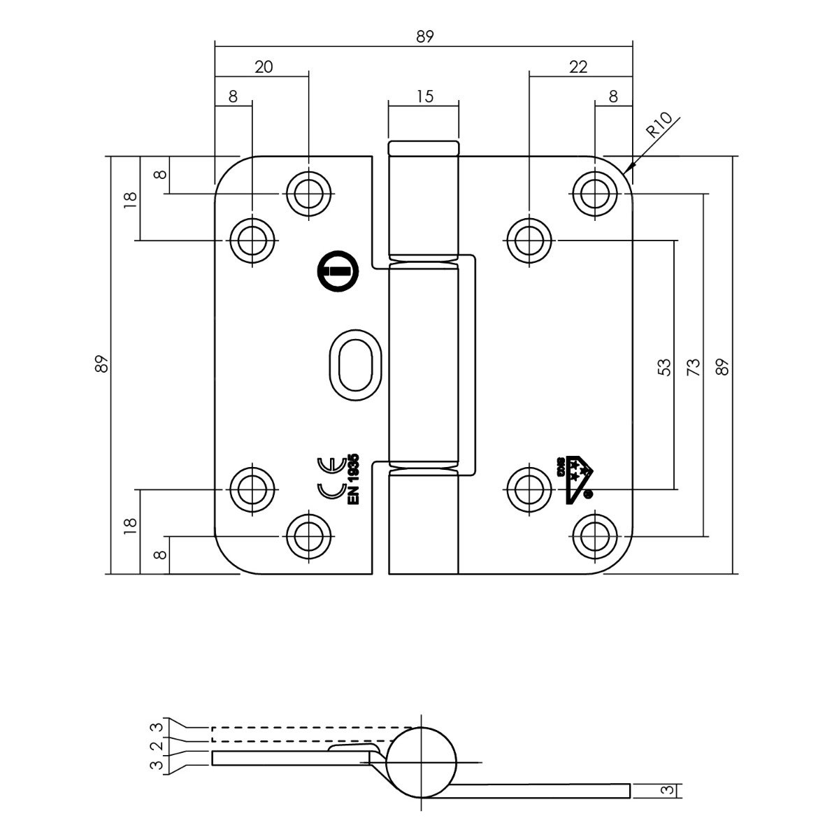 Intersteel Glijlagerscharnier 89 x 89 x 3 mm DIN rechts/links rvs geborsteld