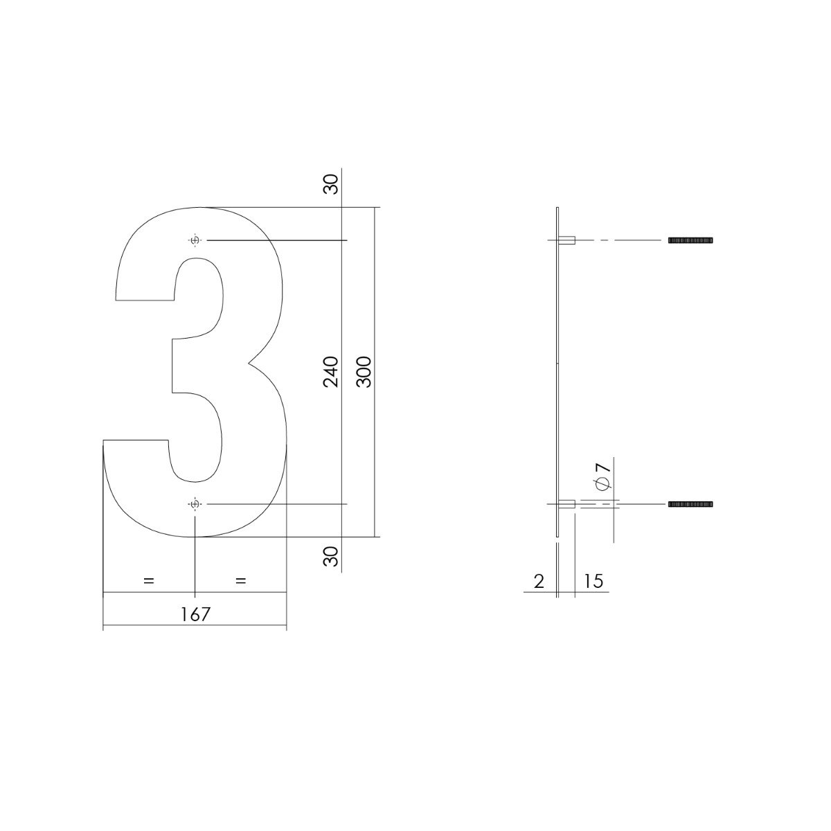 Intersteel Huisnummer 3 XL hoogte 30 cm rvs/mat zwart