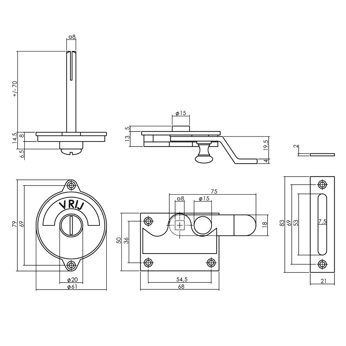 Intersteel WC-overslag met bocht vrij/bezet messing ongelakt